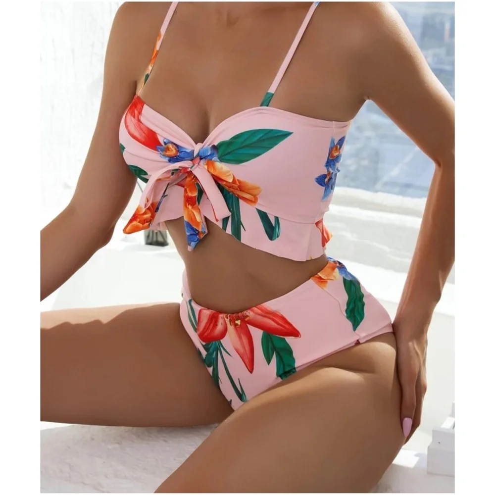 Boho Tropical Floral Print High Waist Bikini Cover up set - Picture 10 of 12